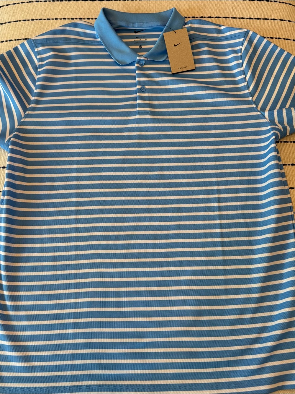 Nike Light Blue and White Striped Dri-FIT Polo